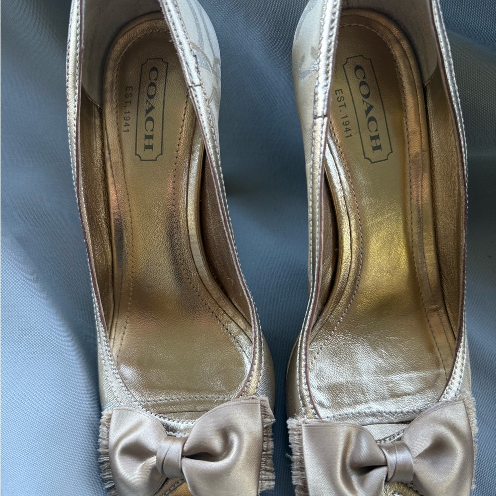 Coach Women's Elegant Gold Peep Toe Heels with Bow